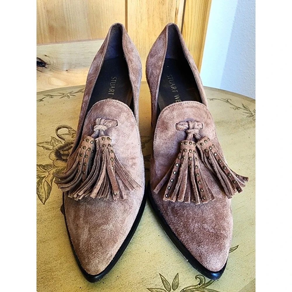 Stuart Weitzman Sz 5 Brown Suede Tassel Loafer Block Heel Pumps Preppy Old Money